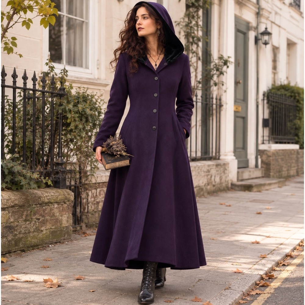 Vintage Purple 100% Wool Hooded Long Coat 10 Victorian Goth Witchy 90s Velvet